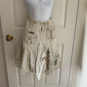 Khaki Cotton Cargo A-Line Skirt with Embroidery and Pockets size L